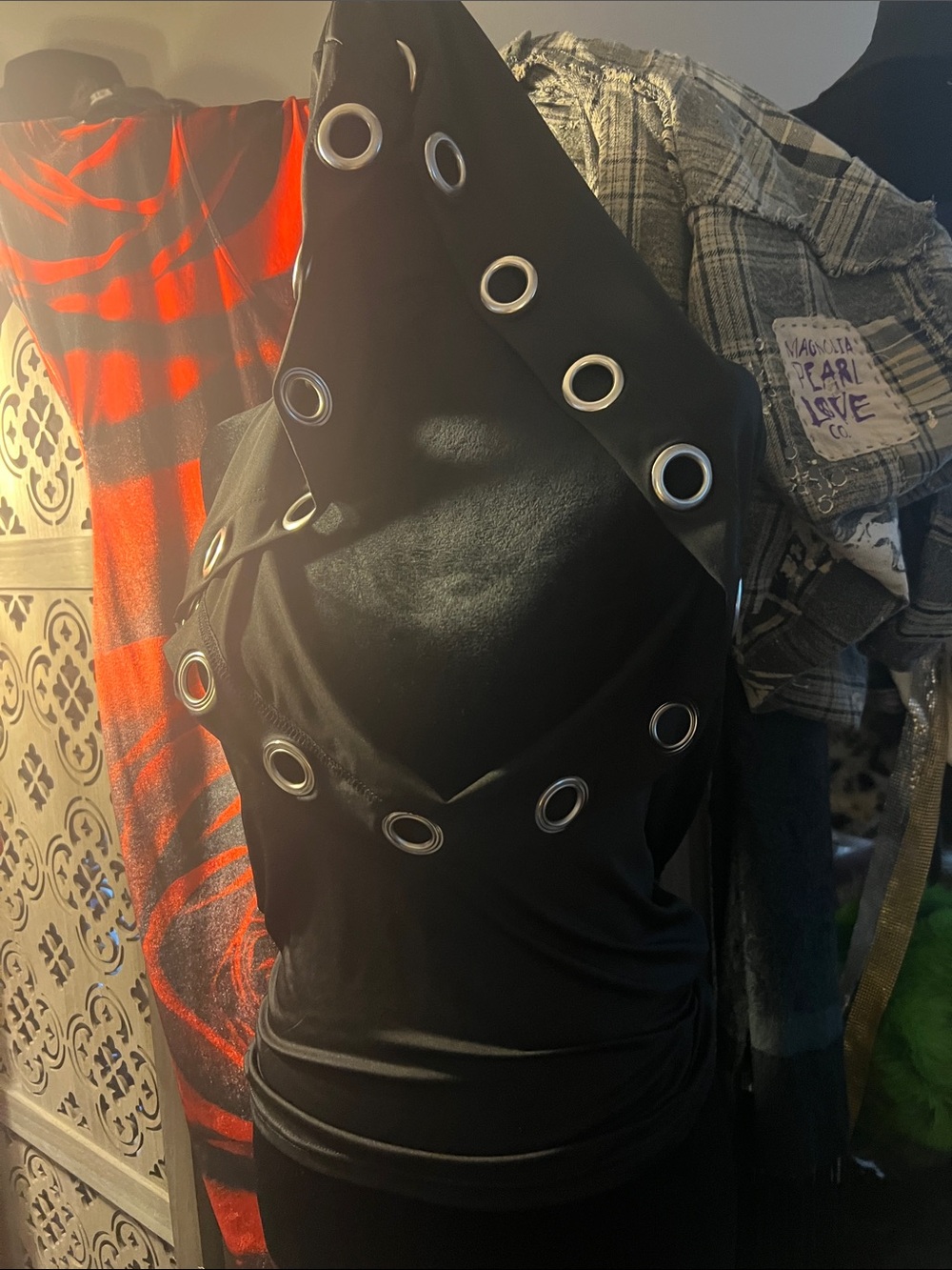 Black Grommet Hooded Tank Top with Eyelet Trim - Picture 2 of 2